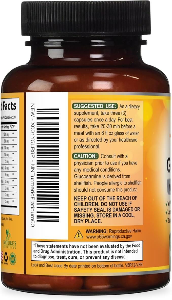 Turmeric Curcumin Supplement - 95% Curcuminoids with Glucosamine, Ginger & MSM, BioPerine Black Pepper Extract for Best Absorption, Natural Vegan Joint Support, Non-GMO, Bottled in USA - 60 Capsules
