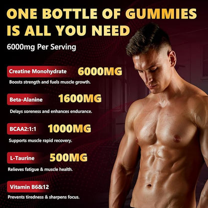 Creatine Monohydrate Gummies 6000mg for Men & Women, Sugar Free Creatine Gummy for Pre & Post Workout, High Absorption Supplement with BCAA, Support Boost Strength, Endurance & Muscle Recovery