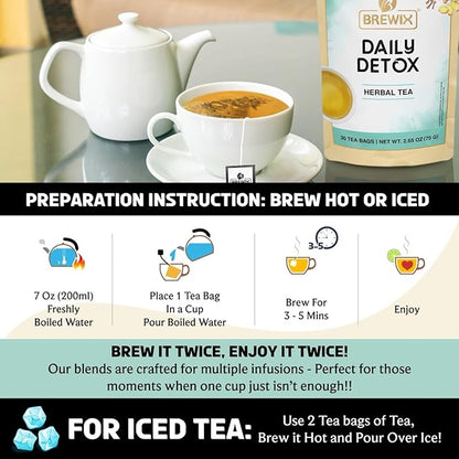 BREWIX, Ayurvedic Detox Herbal Tea Bags (30 Pyramid Tea Bags) Caffeine-Free Herbal Tea | Cleansing Formula with Traditional Ayurvedic Herbs | Supports Digestion, Balance & Daily Vitality