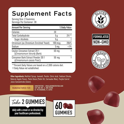 Sugar-Free Cinnamon Gummies 2000MG with Ceylon Cinnamon & Cassia Complex | Sugar-Free Lifestyle Supplement & Guilt-Free Apple Pie Flavor with Chromium | Vegan, Non-GMO, Gluten-Free | 60 Gummies