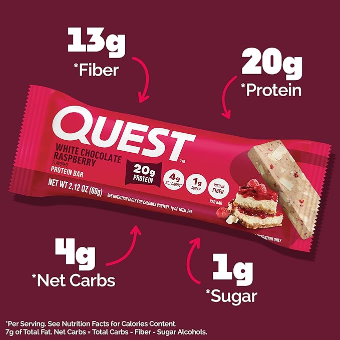 Quest Nutrition White Chocolate Raspberry Protein Bars, 20g Protein, 1g Sugar, 5g Net Carb, High Fiber, Gluten Free, Keto Friendly, 12 Count