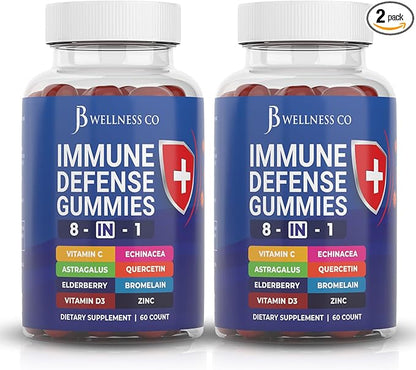JB Wellness Co 8 in 1 Immune Defense Booster Supplement Gummies with Astragalus Root, Vitamin C and Zinc, Vitamin D3, Elderberry and Quercetin (2 Pack)