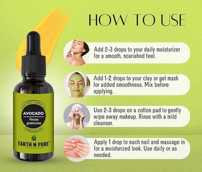 Earth N Pure Avocado Oil Cold Pressed, Natural and Therapeutic Grade for Hair and Skin - 30 ml