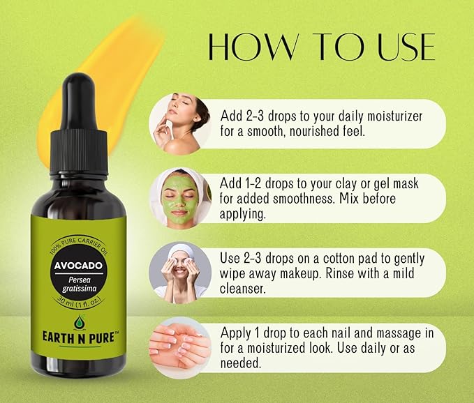 Earth N Pure Avocado Oil Cold Pressed, Natural and Therapeutic Grade for Hair and Skin - 50 ml