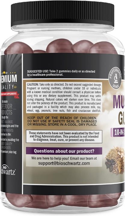 Mushroom Gummies for Adults - 10-in-1 Functional Mushroom Supplement for Mood and Focus with Lions Mane Turkey Tail Cordyceps Shiitake Reishi - Vegan, Non-GMO, Fresh Raspberry Flavor, 60 Count