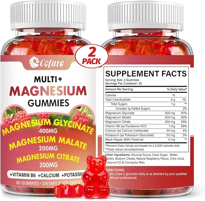 Triple Magnesium Complex 900 mg, Magnesium Glycinate, Citrate, Malate with Potassium, Calcium, Vitamin B6 for Calm & Sleep - Vegan, Non-GMO, Gluten Free - 120 Raspberry Gummies for Adults