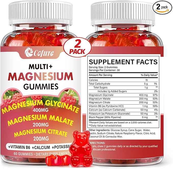 Triple Magnesium Complex 900 mg, Magnesium Glycinate, Citrate, Malate with Potassium, Calcium, Vitamin B6 for Calm & Sleep - Vegan, Non-GMO, Gluten Free - 120 Raspberry Gummies for Adults
