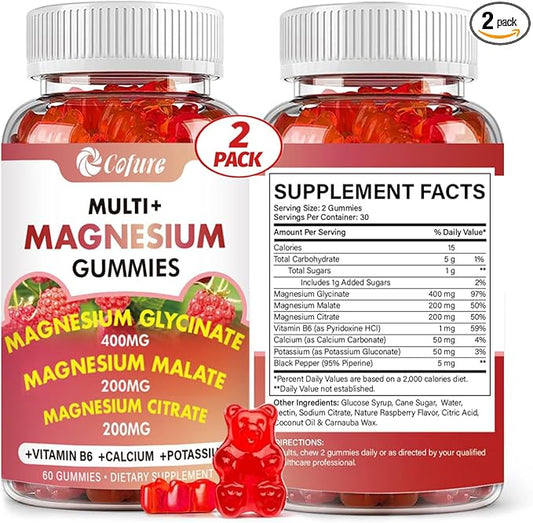 Triple Magnesium Complex 900 mg, Magnesium Glycinate, Citrate, Malate with Potassium, Calcium, Vitamin B6 for Calm & Sleep - Vegan, Non-GMO, Gluten Free - 120 Raspberry Gummies for Adults
