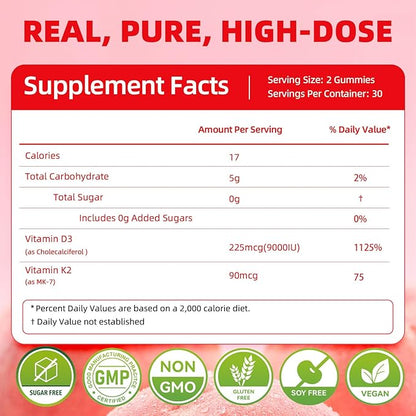 Vitamin D3 K2 Gummies - 90 Count Sugar Free Vitamin D3 9000 IU + K2(MK-7) 90 mcg for Bone & Immune Health, Vegan Chewable K2 D3 Vitamin Supplement for Women Men (Peach Flavor)