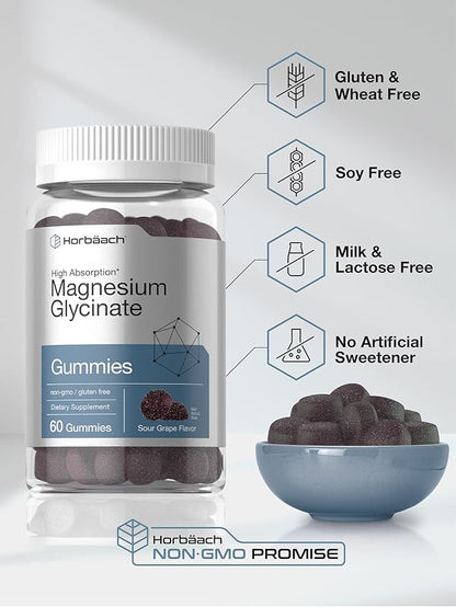 Horbäach Magnesium Glycinate Gummies | 60 Count | Sour Grape Flavor | High Absorption | Vegan, Non-GMO, Gluten Free