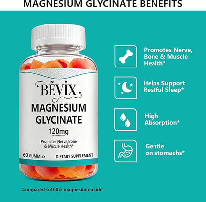 High Absorption Magnesium Glycinate Gummies for Adults & Kids, BEVIX 120mg Magnesium Supplement | 60 Count | Supports Relaxation, Nerve, Muscle & Bone Health | Vegan, Gluten Free, Non-GMO
