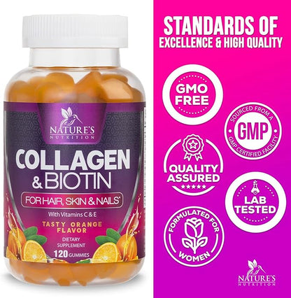 Collagen Gummies - 2500mcg Biotin Per Serving - Complete Collagen Supplement with Hydrolyzed Peptides Type I & III, Biotin, Zinc, & Vitamin C - Hair, Skin, & Nail Support Women & Men - 120 Gummies