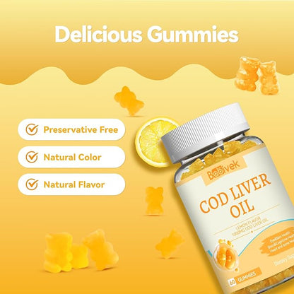 Cod Liver Oil Gummies 1000mg, for Adults & Kids with Omega-3 Vitamin A & D3, Fish Oil Supplement, Supports Eye Health, Brain Function & Bone Health, Sugar-Free, Non-GMO, Gluten-Free 120 Count