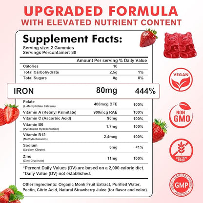 Iron Gummies for Women & Men - Vegan Iron Supplement for Anemia & Iron Deficiency, with Vitamin B12, Vitamin C, Zinc, Folate - Energy Boost, Sugar-Free, Strawberry Flavor, 60 Count