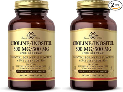 Solgar Choline/Inositol 500 mg/500 mg,100 Vegetable Capsules-Energy Metabolism,Liver Health,Essential for Brain&Nerve Function-Non-GMO,Vegan,Gluten Free,Dairy Free,Kosher-50 Servings,(Pack of 2)