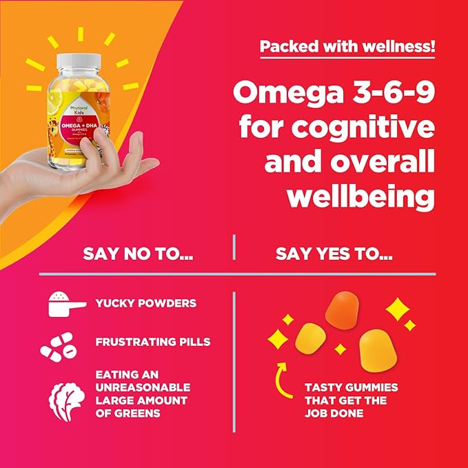 Kids Omega and DHA Gummies - Fatty Acids Omega 3 6 9 with Vitamin C for Vision - Nutritional DHA for Kids for Healthy Nervous System & Focus Support - Fish Free - 60 Count