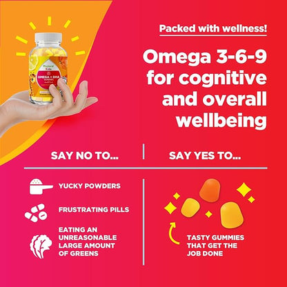 Kids Omega and DHA Gummies - Fatty Acids Omega 3 6 9 with Vitamin C for Vision - Nutritional DHA for Kids for Healthy Nervous System & Focus Support - Fish Free - 60 Count