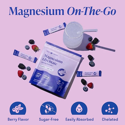 Magnesium Glycinate Powder + L-Theanine | 300 mg High Absorption Chelated Magnesium Powder for Sleep - Mixed Berry Flavor, No Sugar, Support Restful Sleep & Relaxation