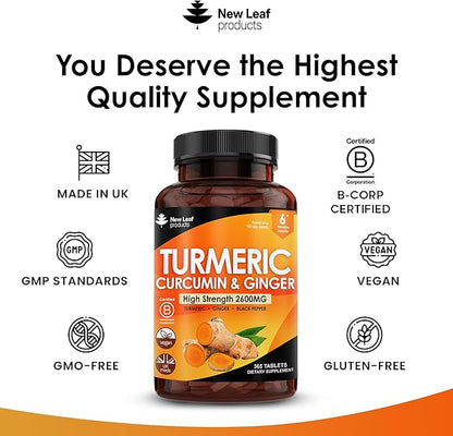Turmeric Tablets - High Strength Extract with Black Pepper & Ginger (365 Tablets) Active 95% Turmeric Curcumin Supplements, Vegan, GMP, GMO Free Gluten Free, UK Made by New Leaf