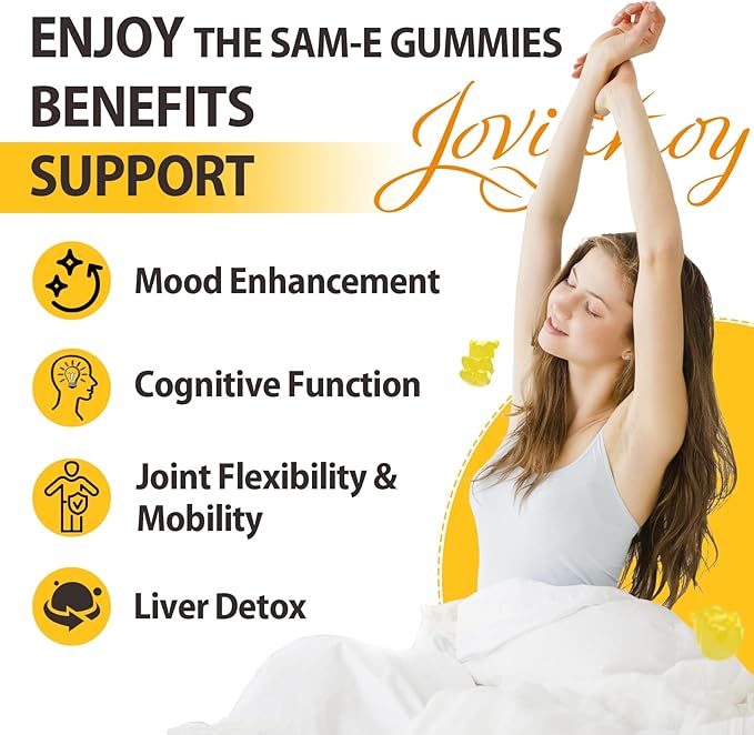 Jovianoy SAM-e Gummies with L-Tyrosine, Vitamin B Complex & NAC, CoQ10, High-Potency SAM-e Supplement - Pineapple Flavor, for Mood, Joint, Cognitive & Liver Detox, Vegan Friendly, 90 Gummies