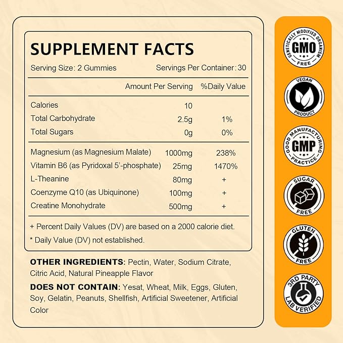 Magnesium Malate Gummies 1000mg, High Absorption Magnesium Supplements for Adults & Kids, with L-Theanine, CoQ10 & Vitamin B6, Support Energy Production, Muscle Function, Non-GMO, Vegan, 60 Ct