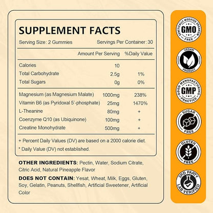 Magnesium Malate Gummies 1000mg, High Absorption Magnesium Supplements for Adults & Kids, with L-Theanine, CoQ10 & Vitamin B6, Support Energy Production, Muscle Function, Non-GMO, Vegan, 60 Ct