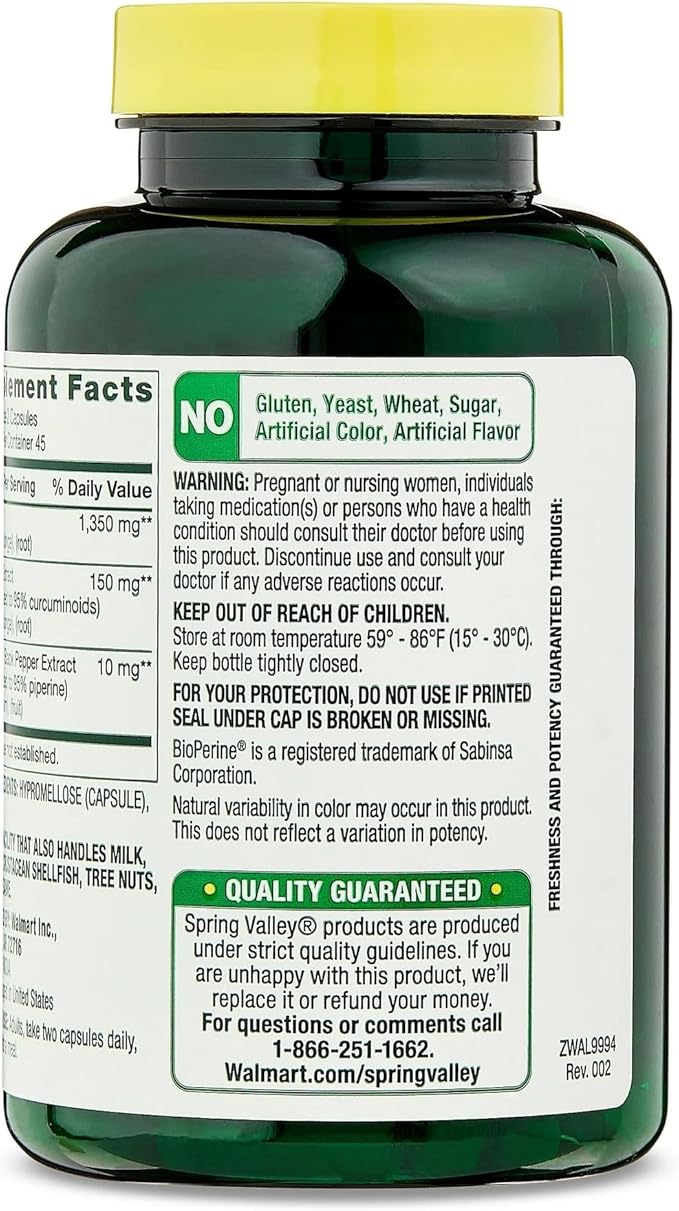 Spring Valley Turmeric Curcumin Supplement – Ultra Strength 1,500 mg, 90 Vegetarian Capsules, Supports Joint & General Wellness (Packaging May Vary)