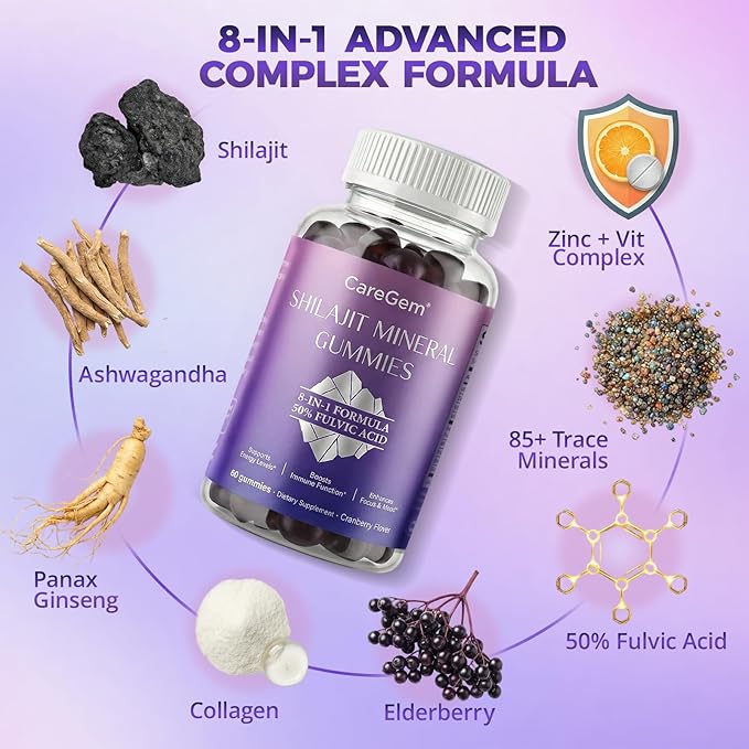Natural Shilajit Gummies | 8-in-1 Complex with Ashwagandha, Ginseng & Collagen | 50% Fulvic Acid & 85+ Trace Minerals | Energy, Stress & Immune Support | Cranberry Flavor 60ct