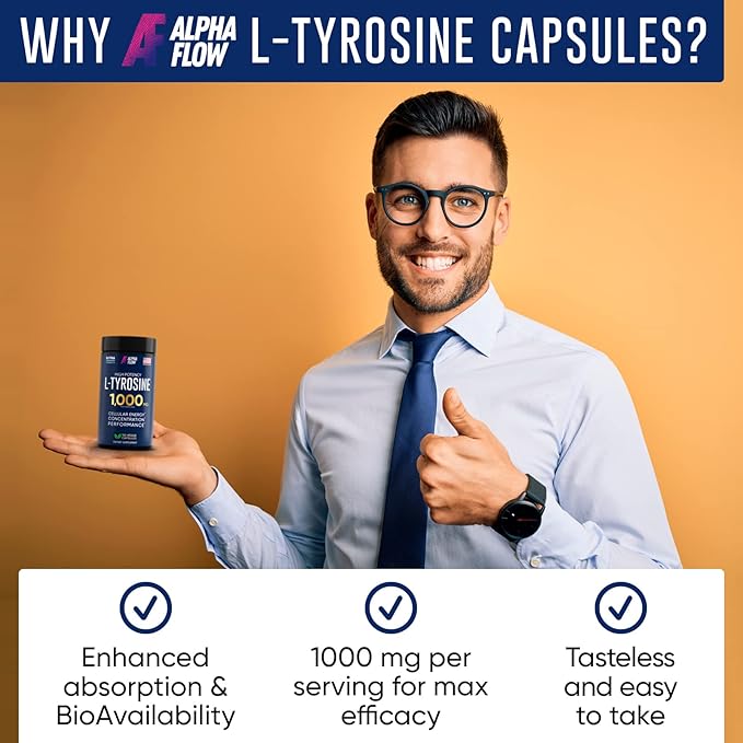 Alpha Flow L Tyrosine 1000MG Capsules - All-Natural L- Tyrosine Supplement for Focus & Energy Boost - Non-GMO & Gluten-Free - Vegan 150 Caps -500mg x 2 per Serving