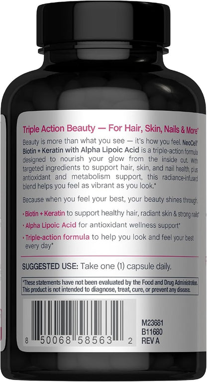 NeoCell Biotin Complex Hair, Skin & Nails | 90 Capsules | with BioActive Keratin Peptides and Alpha Lipoic Acid | Radiance-Infused Formula