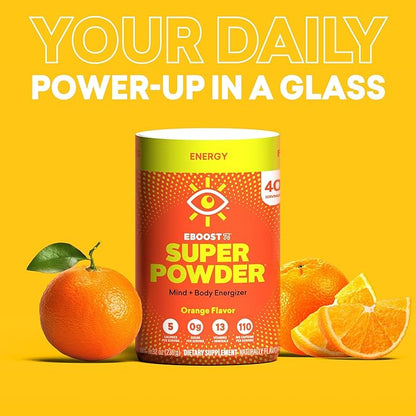 EBOOST Energy Drink & Electrolyte Powder Drink Mix - Super Powder Orange with No Added Sugar, Blend of Vitamins, Nootropics, Natural Caffeine & Hydration - Pre & Post Workout - 40 Serving Tub