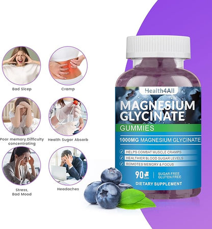 Magnesium Glycinate Gummies 1000mg, High Absorption Sugar Free Magnesium Potassium Supplement for Relaxation, Stress Relief, and Sleep Support for Adults & Kids - 180 Blueberry Gummies