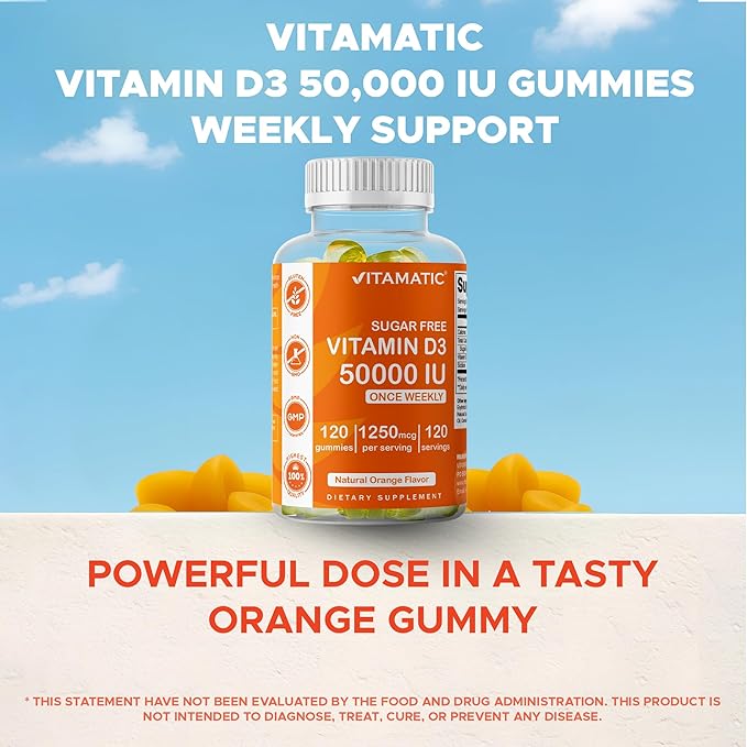 Vitamatic Sugar Free Vitamin D3 50,000 IU Weekly Supplement - 120 Pectin Based Gummies - Vitamin D Capsules for Bones, Teeth, and Immune Support (50000 IU)