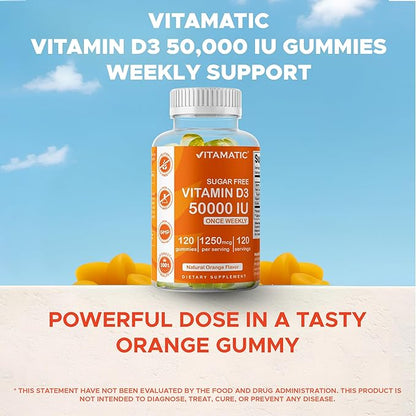 Vitamatic Sugar Free Vitamin D3 50,000 IU Weekly Supplement - 120 Pectin Based Gummies - Vitamin D Capsules for Bones, Teeth, and Immune Support (50000 IU)