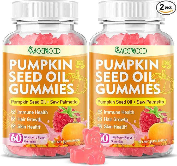 MEENCCD 2 Pack Pumpkin Seed Oil Gummies with Saw Palmetto, Pumpkin Seed Oil for Hair and Skin Health, Pumpkin Seed Extract for Women Men, Sugar-Free, Raspberry Flavor, 120 Count
