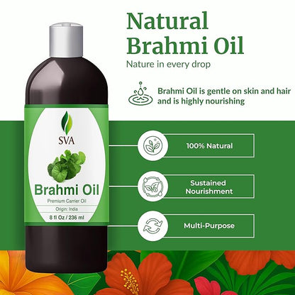 SVA Brahmi Oil - 8 Fl Oz – 100% Natural Cold Pressed Brahmi Oil - for Face, Skin Care, Hair Care, Scalp Massage & Body Massage – Carrier Oil with Pump