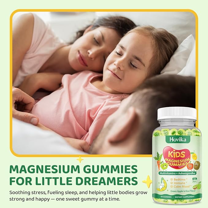 Magnesium Gummies for Kids - Magnesium Glycinate Gummies with L-Theanine, Chamomile & Multivitamins for Sleep, Calm & Focus - Green Apple & Kiwi Center-Filled Gummies 60 ct