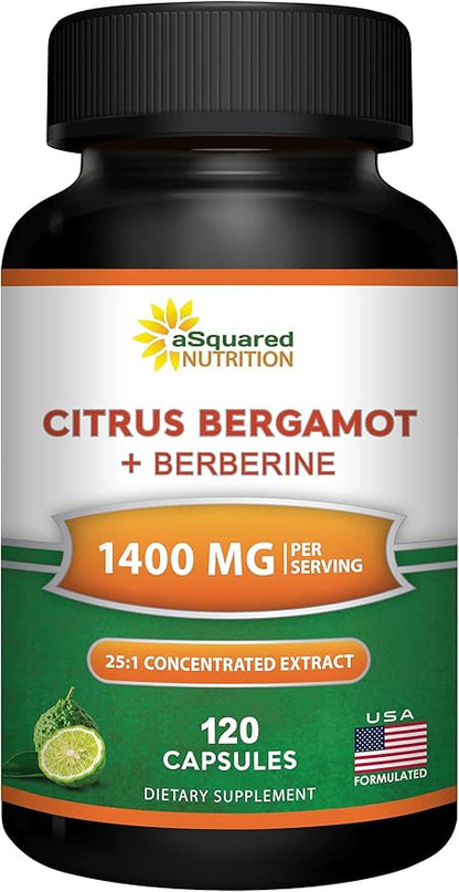 aSquared Nutrition Citrus Bergamot with Berberine Supplement - 1400mg Per Serving Max Strength Complex - 120 Capsules - Supports Cardiovascular Health - Pills Alternative to Gummies & Liquid Drops