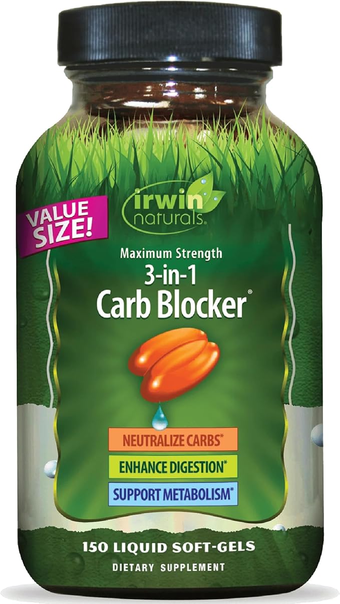 Irwin Naturals Maximum Strength 3-in-1 Carb Blocker - Neutralize Carbohydrates, Aids Digestion and Metabolism Booster - White Kidney Bean Extract + Chromium + Enzyme Blend - 150 Liquid Soft-Gels