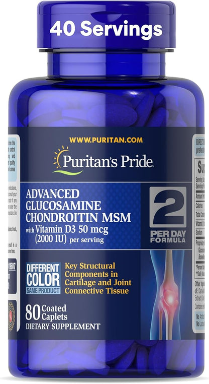 Puritan's Pride Advanced Glucosamine Chondroitin MSM With Vitamin D3 50mcg (2000 IU), Dietary Supplement for Joint Health, 80 Coated Tablets