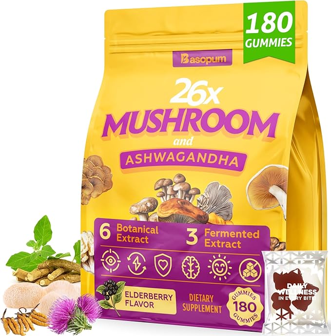 Mushroom Gummies 4000mg, Brain Supplements for Memory and Focus, 26x Mushroom Supplement with Ashwagandha & Lion's Mane, Milk Thistle, Green Tea - Focus, Clarity, Immunity, Liver | 180 Count