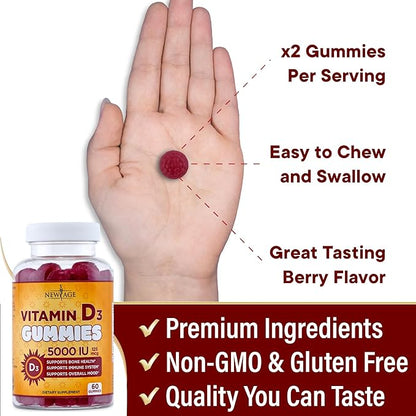 NEW AGE Vitamin D3 5000 IU 125mcg Gummies - Immune Supplement - Non-GMO, Gluten-Free, Dairy-Free, No Gelatin (120 Gummies (Pack of 2))