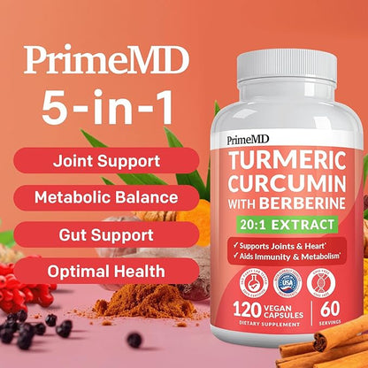 5-in-1 Organic Turmeric Curcumin Supplement (4210mg) with Berberine, Ceylon Cinnamon Bioperine and Ginger Supplements for Joint, Heart, Gut, & Metabolic Support (60 Servings)