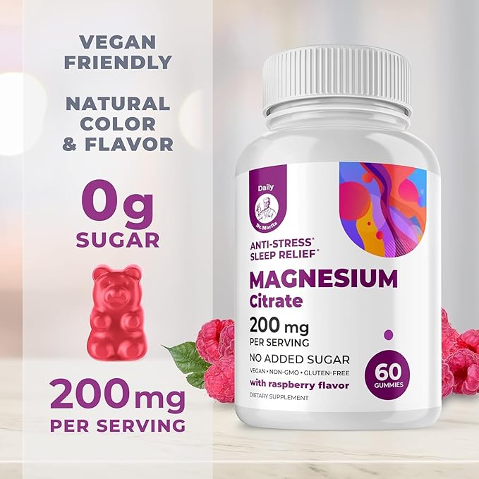 DR. MORITZ Magnesium Citrate Gummies for Adults - Sugar-Free Calm Magnesium Gummies - Supports a Healthy Stress Response - Raspberry Flavor - Non-GMO, 200 mg (60 Count)