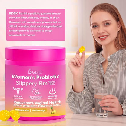 Feminine Probiotics Gummies, Slippery Elm for Women, Vaginal Health Supplement for pH Balance, Odor Control, Yeast Balance, Flora Immune Support, Suagr-Free, Veagn, Pineapple Flavor, 60 Count