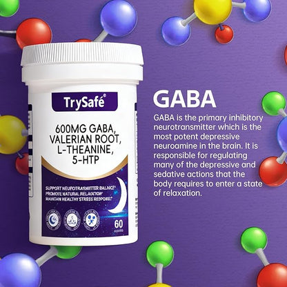 600mg GABA Sleep Aid* for Adults with 200mg Valerian Root, 100mg L-theanine, 60mg 5-HTP | Helps The Body Ease Into Sleep* & Maintain Deep Restful Sleep*, 60 Capsules, 30 Day Supply