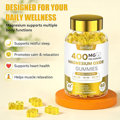 Magnesium Gummies Supplement with Magnesium Oxide L-Theanine Ashwagandha Vitamin D3 & B6 Supports Relaxation Mood Balance Sleep Wellness & Stress Management Sugar-Free Orange Flavor 60 Count