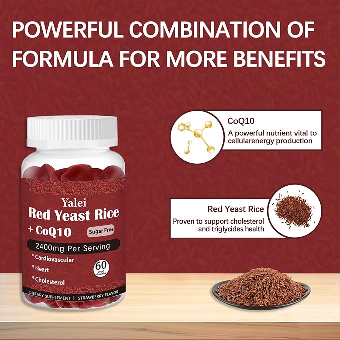 Premium Red Yeast Rice with CoQ10 Gummies for Heart & Cholesterol Support | Sugar Free, Strawberry Flavor | 60 Gummies (30 Day Supply) | Vegan, Non-GMO