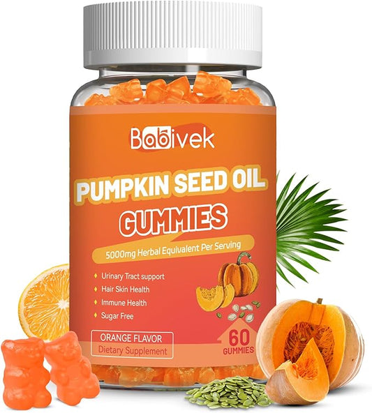 Sugar Free Pumpkin Seed Oil Gummies - 5000mg Per Serving with Saw Palmetto, Organic Pumpkin Seed Oil Supplement for Hair Growth & Skin Health, High Extract for Women and Men, 60 Count