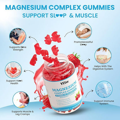 Magnesium Complex Gummies 8 Elemental 1000mg - Magnesium Glycinate, Citrate, Malate, Taurate, Supports Bones, Muscle, Nerve Health, for Women & Men, Vegan Non-GMO, Raspberry Flavor, 60 Count